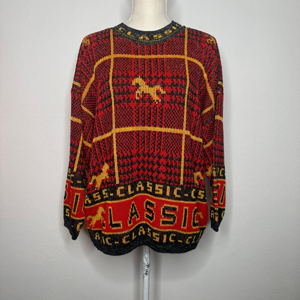 Venezia Vintage Horse Print Metallic Red Yellow Acrylic Knit Sweater